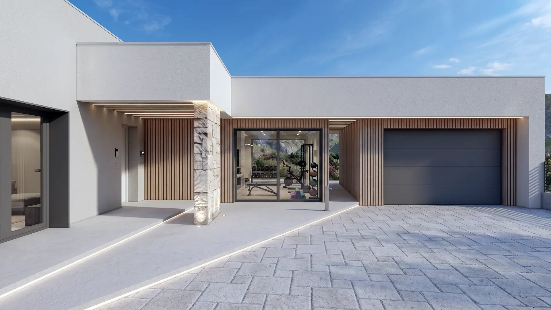 Ingresso di villa moderna con rivestimenti in doghe di legno